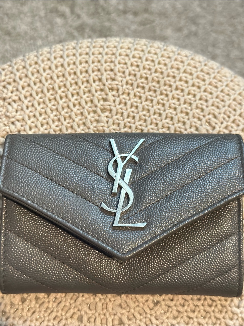 Authentic Saint Laurent Gray Quilted Leather Wallet with Silver YSL Emblem